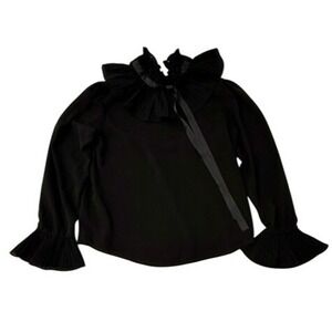 Black Pleated‎ Ruffle Neck Long Sleeve Statement Blouse Women 1